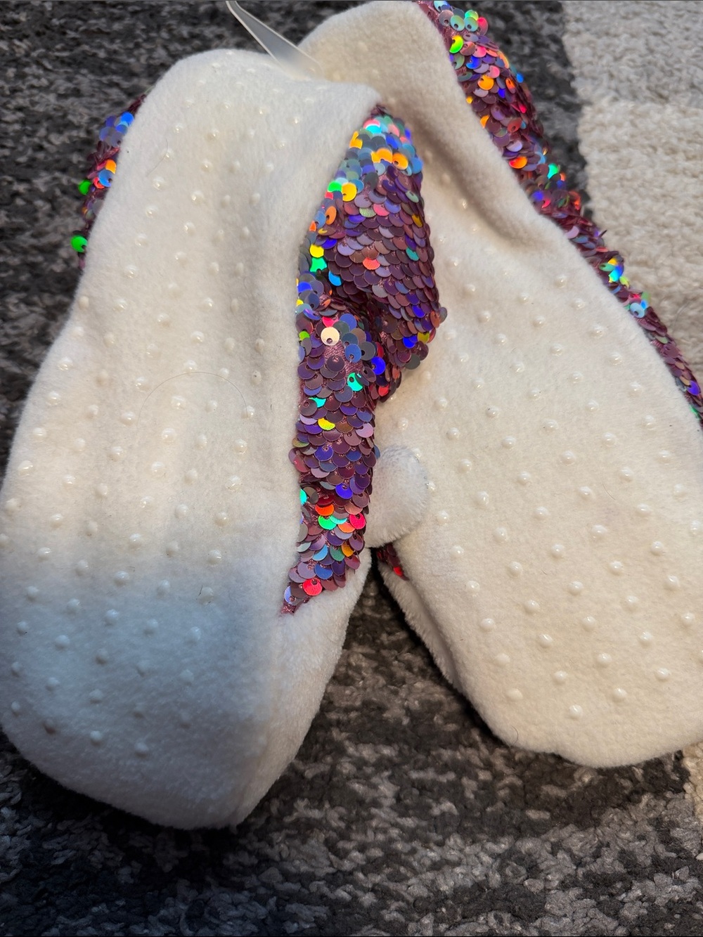 Unicorn slippers, white with iridescent purple sequins, size M/L NWT! - Picture 4 of 5